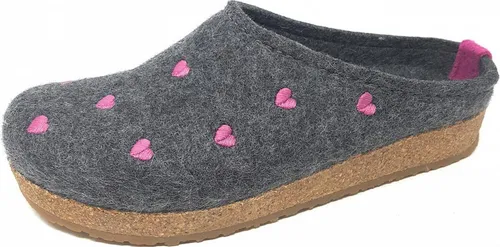 Haflinger Damen Pantoffel Grizzly Cuoricini 741031 - Grau - Größe 42 - Bequeme Hausschuhe aus 100% Schurwolle mit anatomischem Korkfußbett und rutschfester Gummisohle, ideal für drinnen und draußen.