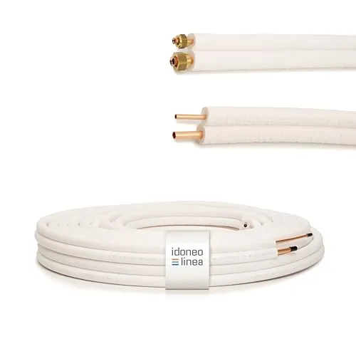 Idoneo Linea Kältemittelleitung 1/4" + 3/8" 1-25m Doppelt vorisoliert Kupferrohr Rolle Kupferrohre Kühlsysteme 9000/12000 Kälterohr Klimaleitung Flexibel (mit Überwurfmuttern gebördelt, 19m)