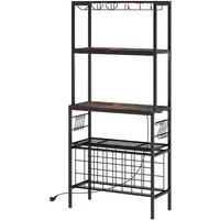 Costway Küchenregal Metall für 24 Flaschen mit Steckdose - Multifunktionales Weinregal mit 4 Ebenen und integrierter Steckdose. Bietet Platz für 24 Weinflaschen, Gläser und Tassen. Robuster Metallrahmen im industriellen Stil für eleganten Stauraum in Küche oder Heimbar.