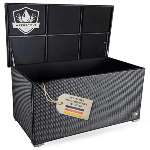 RS Trade® exclusive 'Venezia' Kissenbox 950 L - Wetterfeste Polyrattan Gartenkissenbox mit verstärktem Deckel und Gasdruckfedern, auch als Tischplatte nutzbar. Ideal zur Aufbewahrung von Auflagen im Garten oder auf der Terrasse.