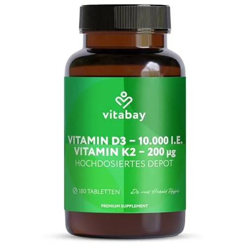 Vitamin D3 Depot 10.000 I.E. + K2 200 µg Tabletten - Arzneimittel mit hochdosiertem Vitamin D3 und K2, unterstützt die Knochen- und Muskelfunktion sowie das Immunsystem. Nur alle 10 Tage eine Tablette für optimale Gesundheit!