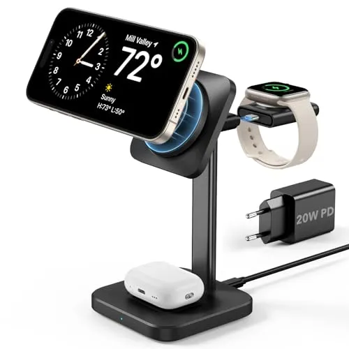 ESR 3 in 1 Ladestation für MagSafe Apple Watch und iPhone, Magnetisches Kabelloses Ladegerät Schnellladen kompatibel mit iPhone 16/15/14, Apple Watch 8/7/6/5/4/3/2/SE und AirPods 4/3/2/Pro, Schwarz