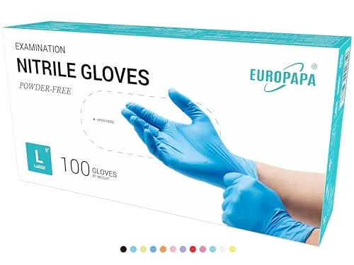 EUROPAPA® 100x Nitrilhandschuhe Box Einweghandschuhe, Einmalhandschuhe, Untersuchungshandschuhe, Nitril Handschuhe, puderfrei, ohne Latex, unsteril, latexfrei, disposible gloves (L, Blau)