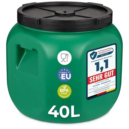 Garronda Weithalsfass 40 Liter – BPA-freier Futterbehälter mit Deckel - Fässer für Wasser und Lebensmittel, ideal für die hygienische Lagerung von Futter, Sauerkraut und Gurken. Hergestellt aus lebensmittelechtem HDPE, sicher und vielseitig einsetzbar.