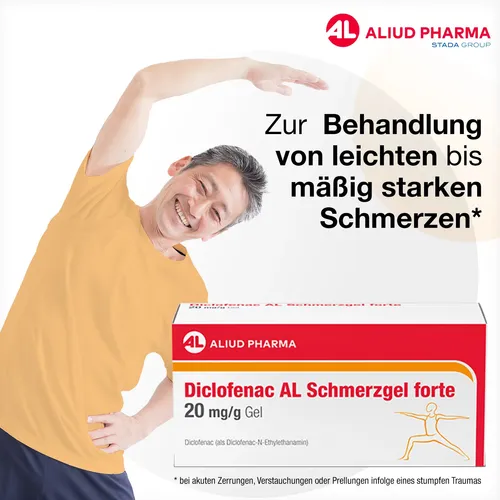 Diclofenac AL Schmerzgel Forte 20 mg/g Gel - Arzneimittel zur Behandlung von akuten Bewegungsschmerzen, mit hoher Wirkstoffkonzentration für schnelle Schmerzlinderung und kühlenden Effekt bei Prellungen und Zerrungen.