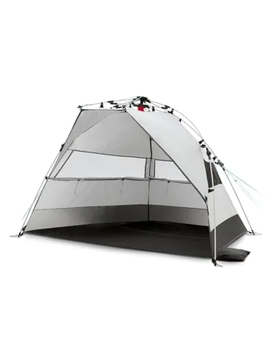 qeedo Quick Bay Strandmuschel - Pop Up Sonnenschutz in Sandgrey - Strandmuschel mit Mesh-Einsatz und Organizer-Taschen, schnell aufzubauen, UV-beständig und windgeschützt, ideal für entspannte Tage am Strand.