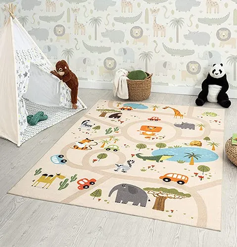 Happy Life Kinderteppich - Spielteppich mit Safari-Motiv - Teppiche für das Kinderzimmer, modernes Design mit rutschfester Rückseite für sicheren Halt. Ideal zum Spielen und Entdecken!