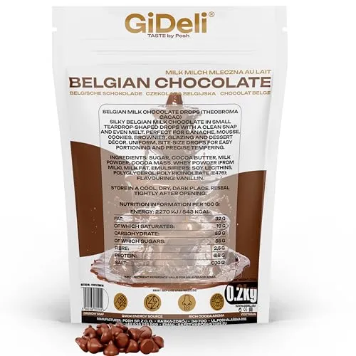 GiDeli Belgische Schokolade 200 g - Pralinen Chips, Schokodrops - Vollmilch-Kuvertüre - Perfekt für Schokofondue, Backen, Schokobrunnen, Desserts & Glasuren