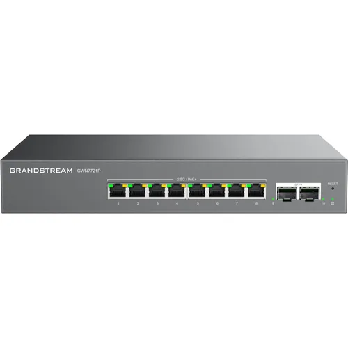 Grandstream L2 Lite Switch 8x2,5G + 2x10G SFP mit PoE 60W - Vielseitiger 10-Port Switch für effiziente Netzwerkverbindungen, bietet Power over Ethernet (PoE) für einfache Installation und zuverlässige Leistung.