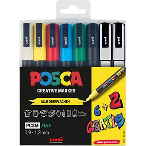uni-ball POSCA PC-3M Acrylstift - 8er Set in Mehrfarben - Schreibutensilien mit 0.9 - 1.3 mm Strichstärke, ideal für kreative Projekte auf verschiedenen Oberflächen.