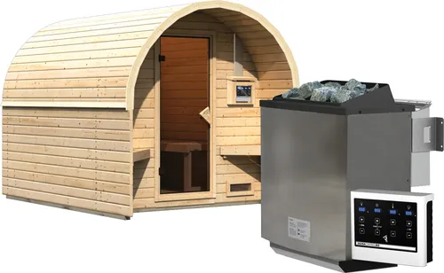 Karibu Fasshaus "lfe" SET naturbelassen mit 9 kW Ofen - Gestalten Sie Ihre Wellness-Oase im Garten mit diesem robusten Saunahaus aus nordischer Fichte. Das praktische Stecksystem ermöglicht eine einfache Montage, während der hochwertige Ofen für angenehme Wärme sorgt.