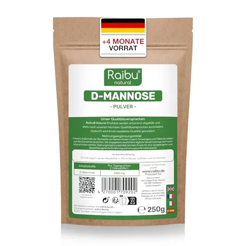 D-Mannose Pulver 250g - Laborgeprüft und Vegan von RAIBU - Fruchtextrakt aus Cranberry, reines D-Mannose-Pulver ohne Zusatzstoffe, ideal für eine natürliche tägliche Ergänzung.