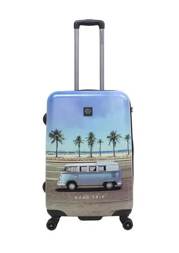 Volkswagen Koffer Roadtrip - stylischer VW-Bus T1-Print - Trolley mit buntem VW-Bus Design, ideal für Reisende, die Stil und Funktionalität schätzen. Maße: 44x67x24 cm, robustes Polyester und praktischer Reißverschluss.