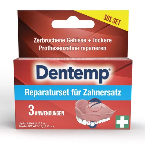 Dentemp Zahnrettungsbox - Provisorischer Zahnersatz - Zahnpflegeset für schnelle Reparaturen von Zahnprothesen und Kronen. Ideal für erste Hilfe an Feiertagen und im Urlaub, mit einfacher Anwendung und bis zu 3 Anwendungen.
