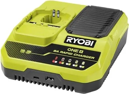 RYOBI 18 V ONE+ Akku-Schnellladegerät RC18180 - Ladegeräte - Schnellladung mit 8,0 A für 4,0 Ah Akku in unter 30 Minuten, inklusive USB-C- und USB-A-Anschlüssen für zusätzliche Geräte.