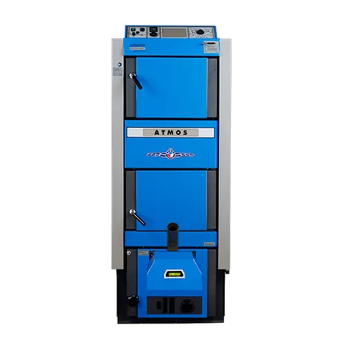 ATMOS Kombikessel DC30GSP 30 kW mit Brenner und Förderschnecke - Platzsparender Kombikessel für Holz und Pellets mit automatischem Wechselbetrieb, robustem Kesselstahl und großen Fülltüren für einfache Handhabung.