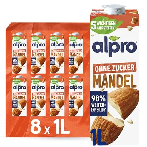 Alpro® OHNE ZUCKER Mandeldrink 8 x 1,0 l - Haltbare Milch-Alternativen, zuckerfrei und ideal für eine gesunde Ernährung ohne Kompromisse.