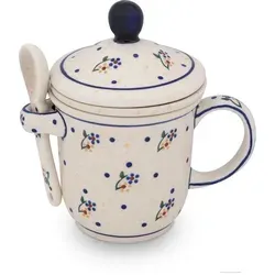 Bunzlauer Keramik Becher Bunzlauer Keramik 270ml Teebecher mit Deckel, Teesieb,Löffel Dekor 111, Keramik gelb