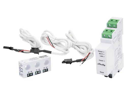 Shelly Pro 3EM CT63 - Dreiphasiger Energiemesser für DIN-Schienenmontage, misst präzise bis 63A mit 99% Genauigkeit. Ideal für Smart Home Integration und einfache Kontrolle über die Shelly App.