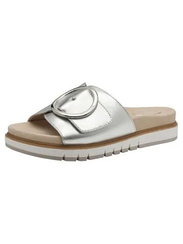 Tamaris Comfort Damen Pantoletten aus Leder - Elegant in Silber, 38 EU - Pantoletten für Damen mit Multi-Adjustable-Technologie für individuelle Passform und extra Komfort. Hochwertiges Leder sorgt für Langlebigkeit und Stil bei sommerlichen Ausflügen.