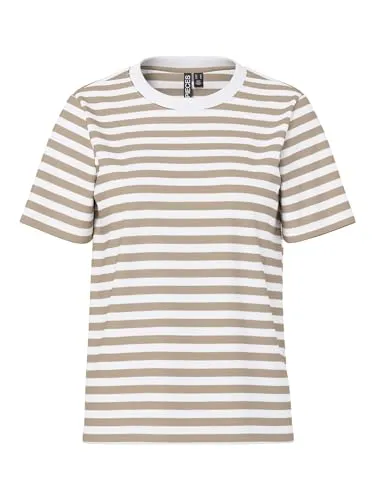 PIECES Damen Pcria Ss Tee Stripes Noos Bc T-Shirt, Silver Mink/Stripes:Bright White,S