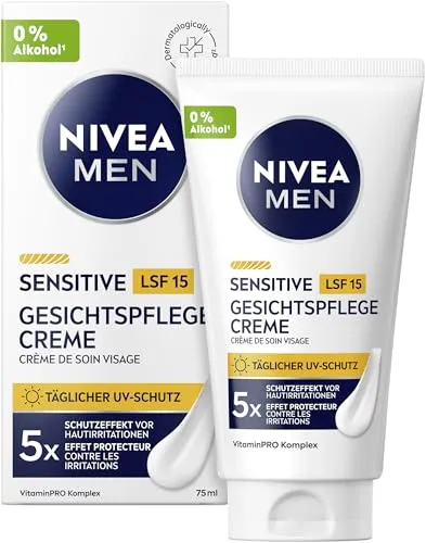 NIVEA MEN Sensitive Gesichtspflege Creme mit LSF 15, 24h Feuchtigkeitscreme für empfindliche Männerhaut - NIVEA MEN Sensitive Creme mit LSF 15 spendet 24h Feuchtigkeit und schützt die Haut. Die alkoholfreie Formel beruhigt irritierte Haut und zieht schnell ein, ideal für den täglichen Gebrauch.