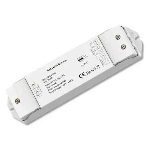 DALI DT6 PWM-Dimmer 4 Kanal 12-24V DC - Zubehör für Leuchten, DALI Device Type 6 Controller für getrennte Steuerung von vier dimmbaren LED Streifen mit 4x5A Leistung bei 12-24V DC.