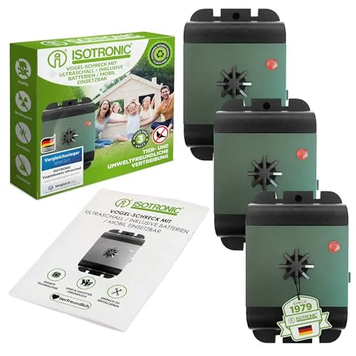 ISOTRONIC Ultraschall Vogelabwehr 3er Set - Effektiver mobiler Vogelvertreiber - Haustierabwehr & Wildtierabwehr: Effektive Taubenabwehr mit 10m Wirkungsbereich, ideal für Balkon und Garten. Langlebig mit 8 Monaten Batterielaufzeit und diskreter, tierfreundlicher Technik.