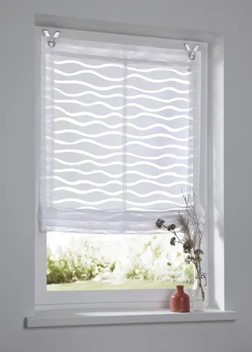 Weißes Raffrollo Ösenrollo Enya - Halbtransparent mit Wellenmuster, Montage ohne Bohren (60 x 140 cm) - Rollos: Halbtransparentes Ösenrollo „Enya“ mit elegantem Wellen-Dessin, ideal für lichtdurchflutete Räume. Montage ohne Bohren und stufenlose Höheneinstellung für flexiblen Sichtschutz.