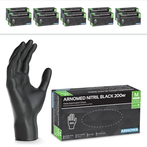 ARNOMED Nitril Midnight Black Einmalhandschuh, puderfrei, Größe M - Beidhändig tragbarer Nitrilhandschuh in edlem Schwarz, ideal für professionelle Anwendungen in verschiedenen Branchen. Hohe Flexibilität und angenehmer Tragekomfort für den täglichen Einsatz.