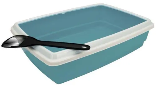 AIME Aimé Katzentoilette mit Rand in Blau 54 x 40 x 14 cm - Praktische Katzentoilette mit schwedisch-blauem Rand – Hygienisch und leicht zu reinigen, inklusive Schaufel. Ideal für den Innenbereich, Maße: 54 x 40 x 14 cm.