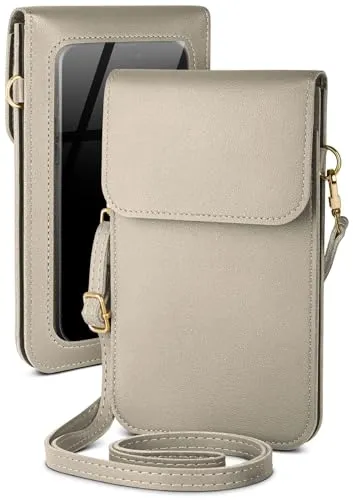 moex Handytasche zum Umhängen für Telekom T Phone – Kleine Handtasche mit Handyfach und Sichtfenster, 2 zusätzliche Fächer - Handy Umhängetasche Damen, Silbergrau