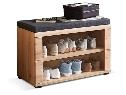 Sitzbank SAN MARINO mit Kissen – Eichefarbig Grau - Moderne Garderobenbank für 2 Personen, inklusive gepolstertem Kissen. Mit 2 offenen Fächern für zusätzlichen Stauraum, ideal für Flur und Diele.