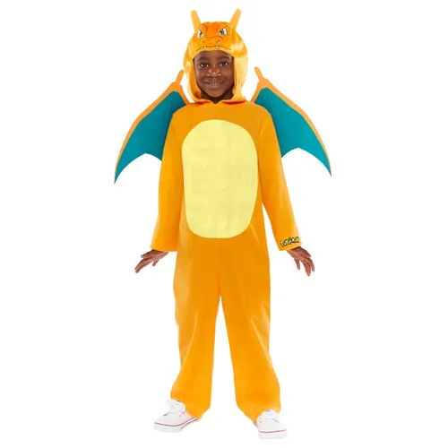Amscan 9918509 - Offiziell lizenzierter Pokémon Glurak Unisex-Overall für Kinder, mit Kapuze, Schwanzapplikation und Flügeln, ideal für Partys und Feste