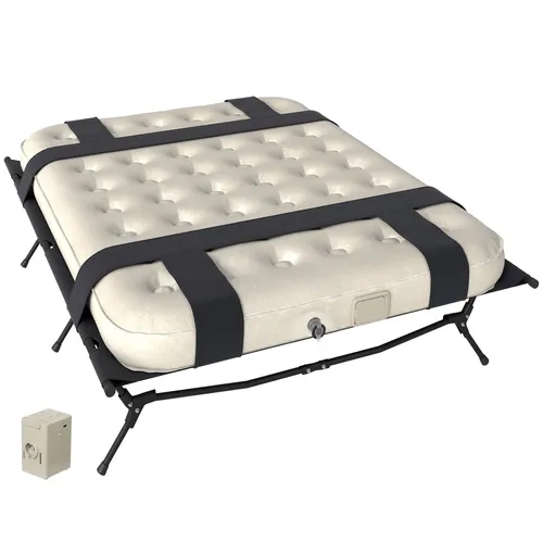 Outsunny Feldbett mit Luftmatratze, Pumpe, extra Breit (Campingbett 200 x 153 cm, 1-St., Gästebett belastbar bis 200 kg) für 2 Erwachsene, für Camping Garten, Reisen, Schwarz+Khaki