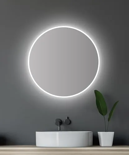 Badspiegel mit LED Beleuchtung - runder Badezimmerspiegel Ø 60 cm in Silber - Badezimmerspiegel mit integrierter LED-Beleuchtung für optimale Lichtverhältnisse, ideal für Ihr modernes Bad.