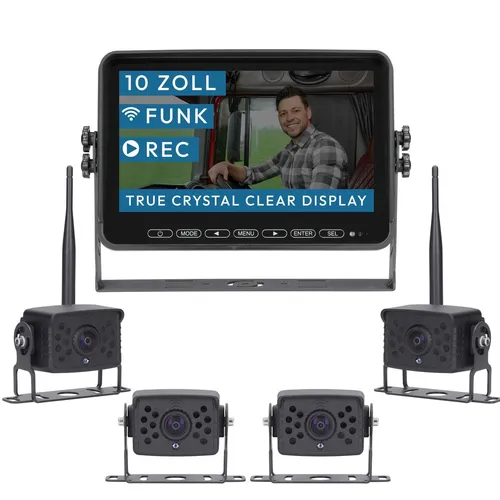 VSG24 10“ Element Wired HD Funk Rückfahrsystem - Rückfahrkamera Set mit 4 Kameras für Wohnmobile & LKW. Stabile 21 Meter digitale Funkübertragung für sicheres Rangieren und einfache Nachrüstung.