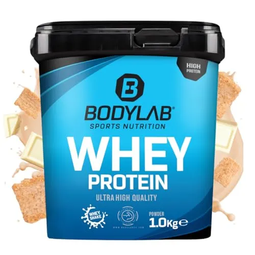 Bodylab24 Whey Protein Pulver, Cinnamon Cereal White Chocolate Crisp, 1kg - Molkenprotein mit bis zu 80% Eiweiß, ideal für Muskelaufbau nach dem Training. Perfekte Löslichkeit in Milch und Wasser, ohne Aspartam – für eine gesunde Fitnessernährung.