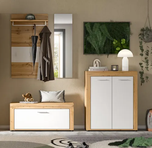 Garderoben-Set HOME AFFAIRE "Aosta" in Weiß und Wotan Eiche - Praktisches Garderoben-Set mit Spiegel, Sitzbank und Schuhschrank. Ideal für den Flur, bietet Stauraum und eine ansprechende Optik. Pflegeleicht und einfach zu montieren.