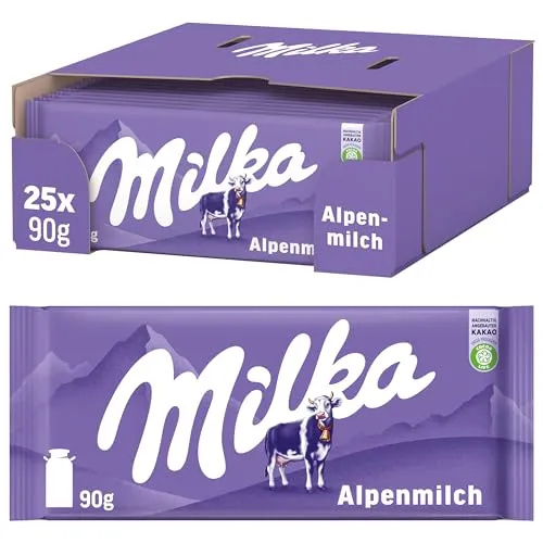 Milka Alpenmilch Tafel 25 x 90 g - Genuss aus 100% Alpenmilch - Schokolade, 25 x 90g Alpenmilch-Schokolade, cremig und zartschmelzend für unvergleichlichen Genuss.