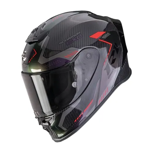 Scorpion EXO-R1 Evo Carbon Air Propel Integralhelm - Schwarz/Grau/Dunkelgrün/Lila - M - Der Scorpion EXO-R1 Evo Carbon Air bietet ultimativen Fahrkomfort mit leichtem Carbon-Hybrid-Gehäuse und innovativem Belüftungssystem. Ideal für anspruchsvolle Motorradfahrer, die Wert auf Sicherheit und Stil legen.