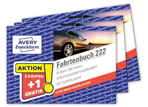 AVERY Zweckform 222-3P Softcover Fahrtenbuch PKW 3er-Set (Finanzamt anerkannt, DIN A6 quer 148x105mm, 112 Seiten|385 Fahrten, Deutschland & Österreich, Abgrenzung privater/geschäftlicher Fahrten)