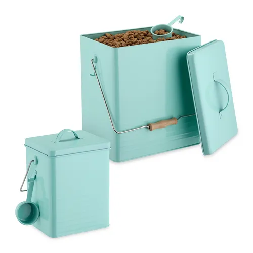 Relaxdays Futterbox 2er Set - Aufbewahrung für Tiertrockenfutter - Futteraufbewahrung für Hunde: Praktisches 2er Set mit luftdichtem Deckel und Löffel für einfaches Dosieren, hält das Futter frisch und ist aus robustem Eisen gefertigt.