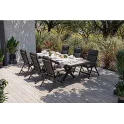 OUTFLEXX Garten-Essgruppe Serro mit Ausziehfunktion - Genießen Sie stilvolles Outdoor-Dining mit der OUTFLEXX Serro Garten-Essgruppe. Diese elegante Aluminium-Keramiktischgruppe bietet Platz für bis zu 6 Personen und vereint modernes Design mit praktischer Klappfunktion.