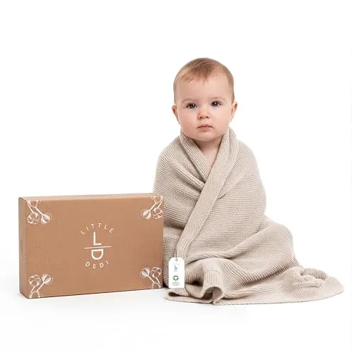 Little Dedi Strickdecke aus 100% Bio-Baumwolle GOTS Zertifizert, 80x100 cm. Hellbraun- Atmungsaktiv, Temperatur regulierend, in eleganter Geschenkbox für Babys