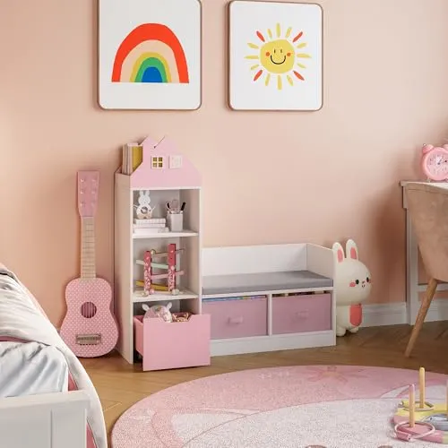 [en.casa] Kindersitzbank Vipsali mit Regal und Stauraum in Rosa/Weiß - Praktische Kindersitzbank mit verstecktem Stauraum und zwei Faltboxen. Ideal für Spielzeug und Bastelsachen. Das kreative Design mit Regalfächern schafft eine einladende Spielumgebung und bietet Platz für Bücher und Kunstwerke.