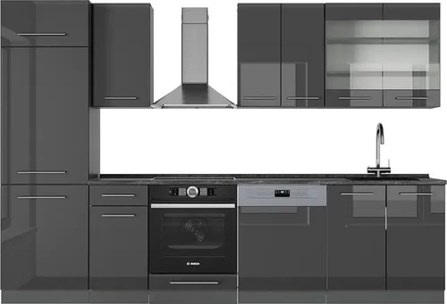 Vicco Küchenzeile Fame-Line, Anthrazit Hochglanz, 300 cm ohne Arbeitsplatte - Moderne Küchenzeile mit Soft-Close-Scharniere und hochwertiger MDF-Front für langlebigen Komfort. Flexibles Design, ideal anpassbar durch zusätzliche Module.