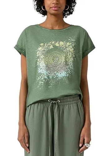QS Damen T-Shirt 2175261 Green M - Lockerer Schnitt mit Frontprint - Stylisches Rundhals Kurzarm T-Shirt in entspannter Passform. Der auffällige Frontprint verleiht jedem Outfit einen besonderen Akzent.