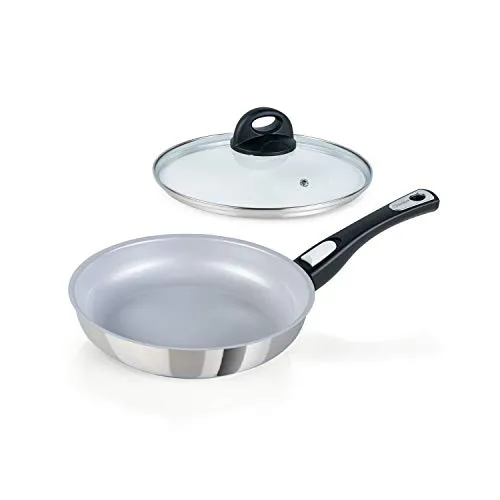 Genius Cerafit Steel Bratpfanne 24cm mit Glasdeckel - Ofenfeste Keramikpfanne mit kratzfester Antihaft-Beschichtung, ideal für alle Herdarten und einfaches Ausgießen dank hohem Schüttrand.