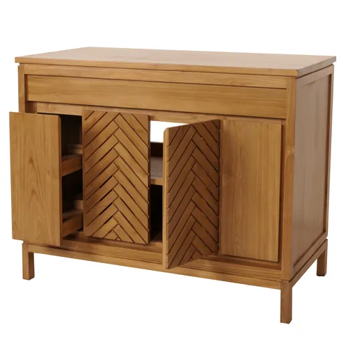 Mendler Teak-Waschbeckenunterschrank HWC-M74 - Badezimmerschrank aus hochwertigem B-Grade Teakholz, bietet praktischen Stauraum und elegantes Design mit einzigartigem Fischgrätenmuster. Ideal für ein stilvolles Badezimmer.